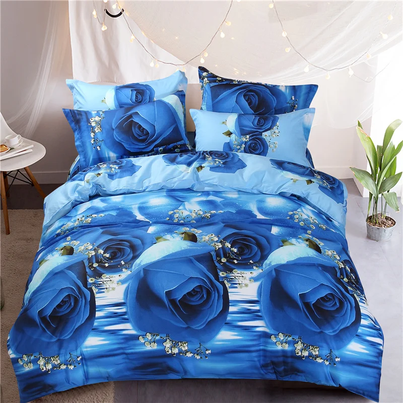 100% Cotton 3D Rose Printing Duvet Cover Bed Sheet Pillowcases Home Bedding 4pcs Queen for Adults Red Blue SMN1 | Дом и сад