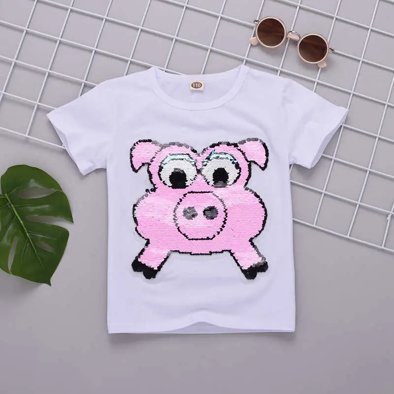 Pig A White Футболка для девочек, лето, Детская футболка с блестками, хлопковые рубашки с мультипликационным принтом, одежда для подростков 5, 6, 8, 10, 12, 13, 14 лет - Цвет: Pig A White