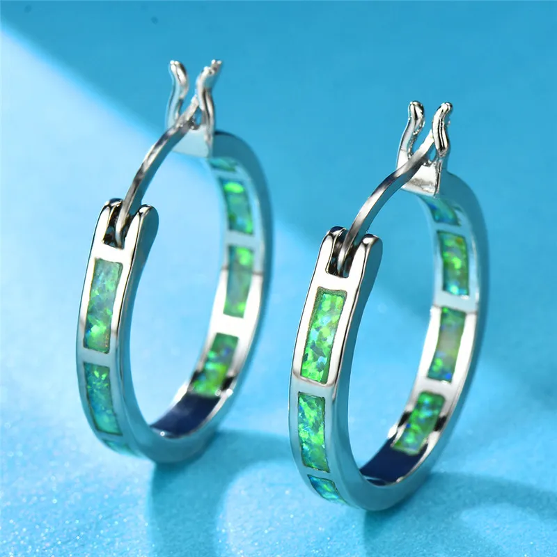 Green Opal Минималистичный стиль зеленый синий белый огненный опал серьги для женщин и мужчин 925 серебро Заполненные Круглые круглые серьги-кольца женские ювелирные изделия - Окраска металла: Green Opal