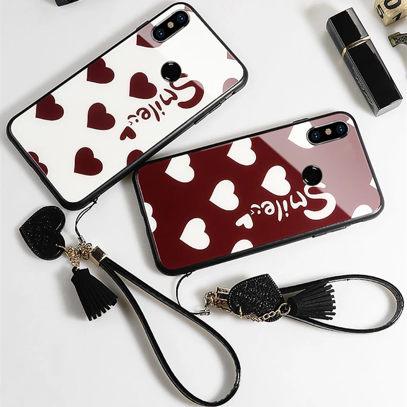 

Case & Strap For Huawei Nova 4 4e 3 3i 3e Case Glass Hard phone Cover For Huawei Nova 2s 2 plus 2i Smile red Love Heart lanyard