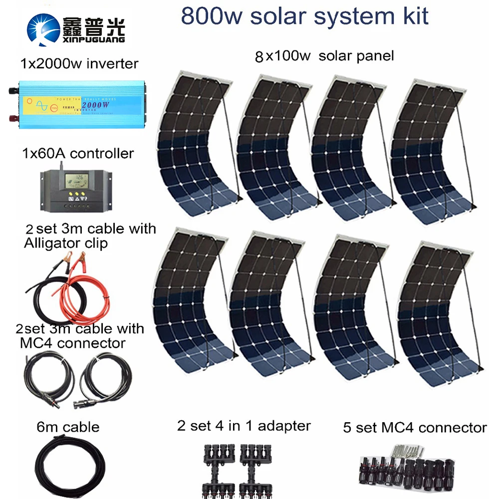 800 Вт фотогальванический solarpanel 100 Вт Гибкая солнечная панель системы 2000 Вт Инвертор 60А Контроллер Кабельный разъем 12 В батарея RV лодка