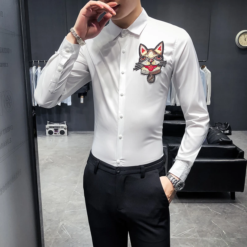 

full shirt men 2018 autumn new British gentleman Korean version of men's pure color shirt meow meow 2037 white -P55
