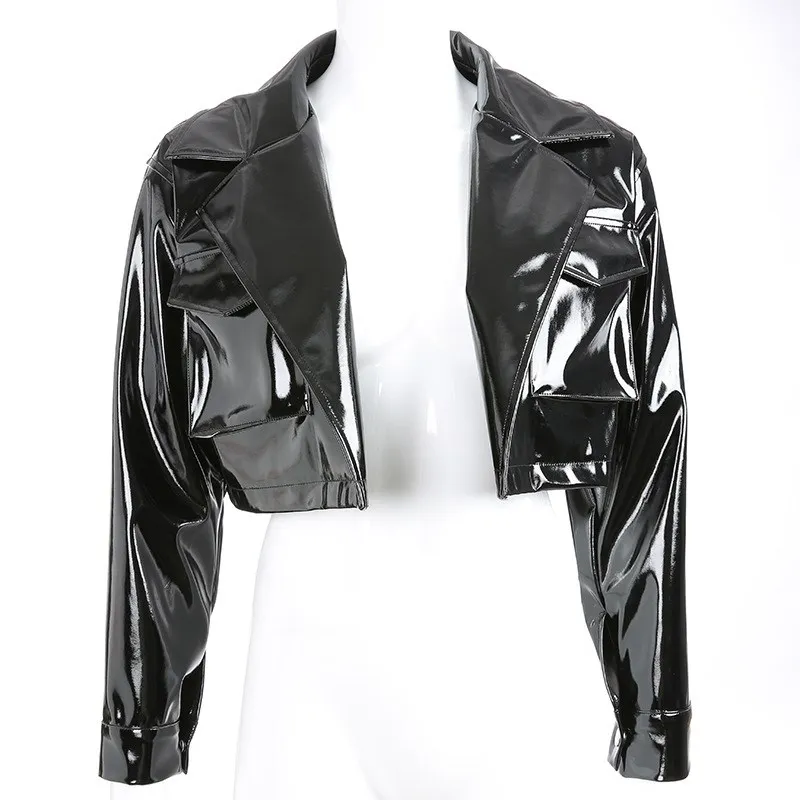 

Punk Pu Faux Leather Jacket Solid Women Bright Black Coat Spring Turn-Down Collar Overcoat Streetwear Biker Short Jackets