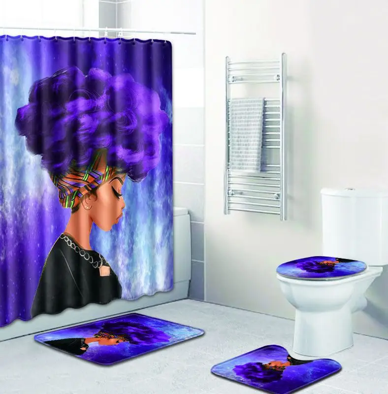 

African women's shower curtain floor mat set combination four-piece suit bathroom toilet carpet shower room Rug