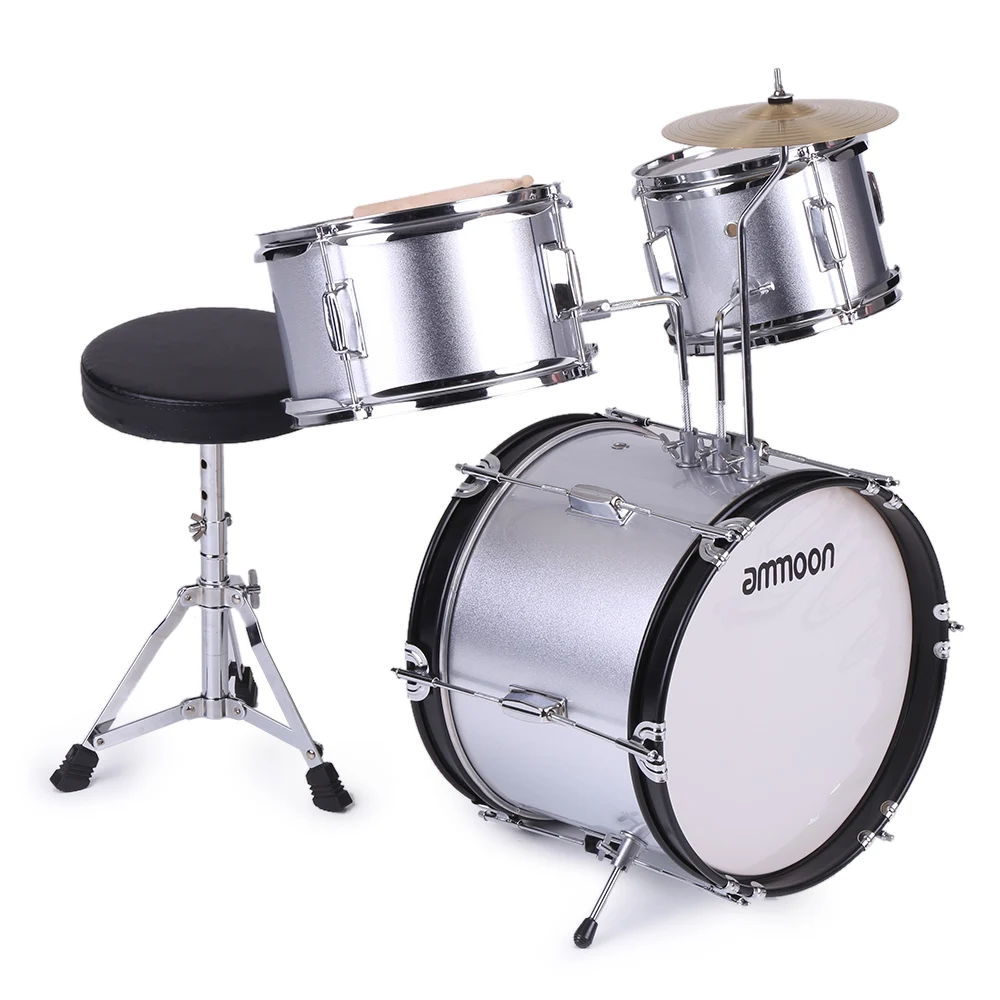 Ammoon 3-Piece Drum Kit Дети Junior Drum Set ударный музыкальный инструмент с тарелки барабанные палочки регулируемый стул - Цвет: Серебристый