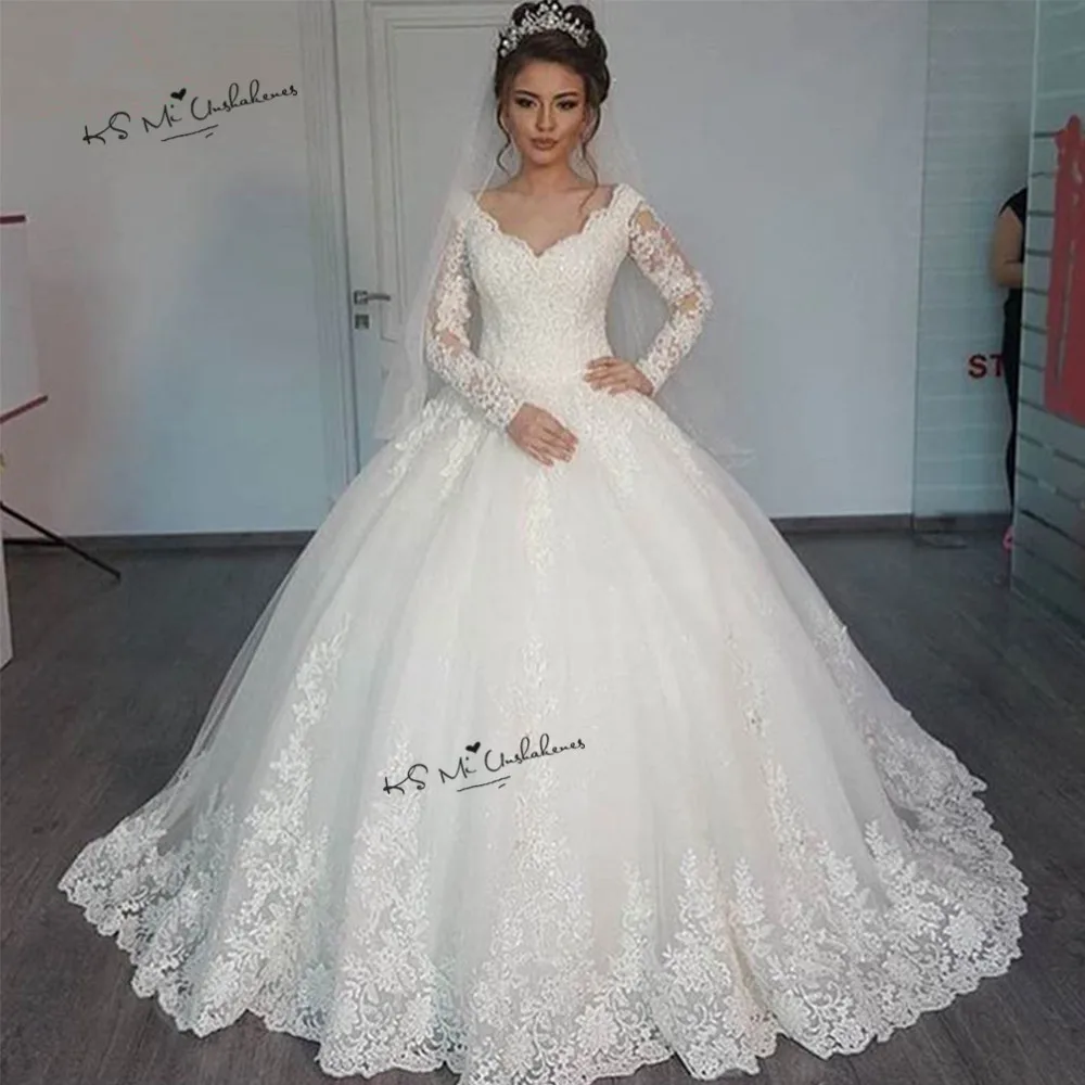 

Elegant Long Sleeve Lace Wedding Dresses 2019 Vestido de Noiva Manga Longa V Neck Princess Bride Dress China Wedding Gowns