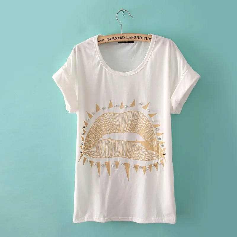 fashion women girl summer T-shirt cotta with sexy lip picture and rivet shirt free shipping | Женская одежда