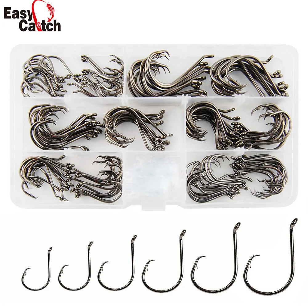 

150pcs/Box 7384 Strong Custom Offset Sport Circle Hooks Black High Carbon Steel Octopus Fishing Hooks With Box Size:1#-5/0