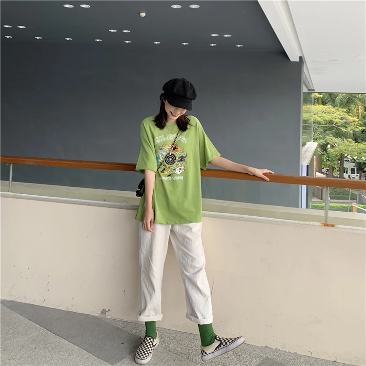 Женская летняя Модная брендовая футболка Ulzzang в Корейском стиле с мультяшным принтом и коротким рукавом, Женская Повседневная Свободная зеленая футболка с авокадо