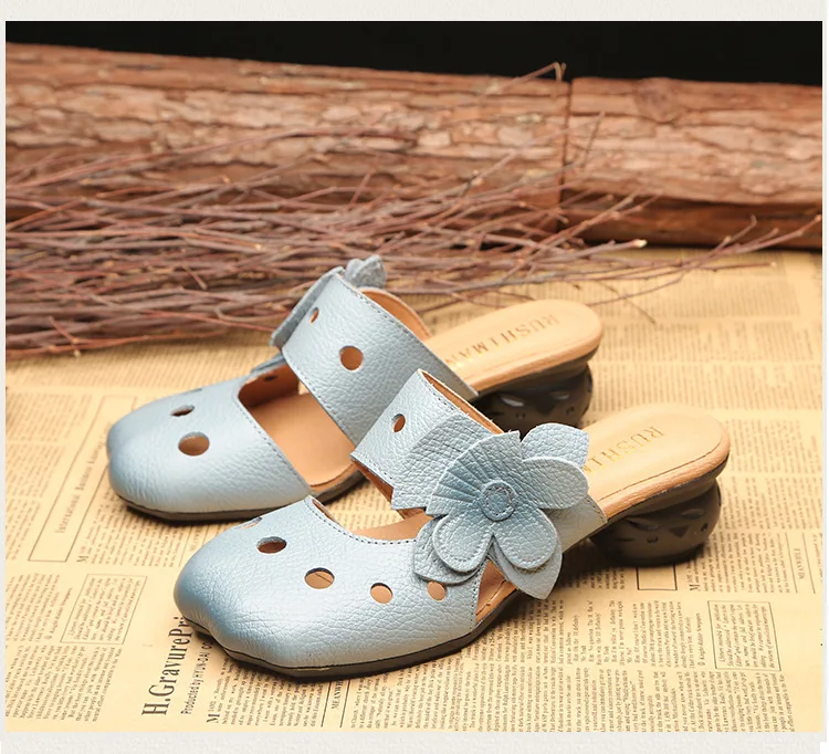 Xiuteng Hollow Sandals Flowers Pattern Genuine Leather Big Head Adjustable Daily Sandals Ladies Shoes Spring New Women Slippers