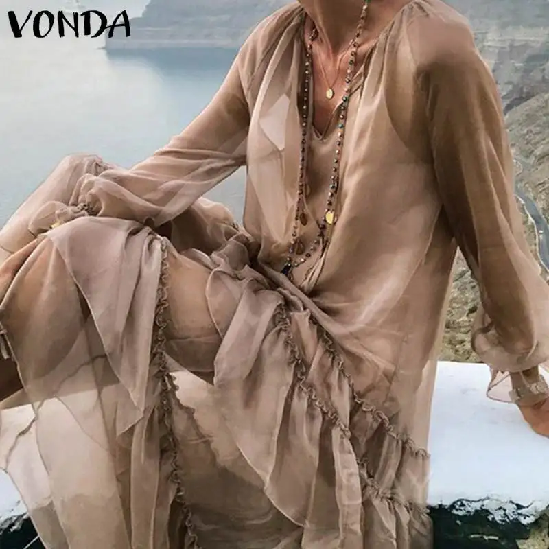Длинное платье макси VONDA, женское винтажное повседневное богемное вечернее платье, сексуальное платье с v-образным вырезом, женское платье размера плюс, сарафан 5XL