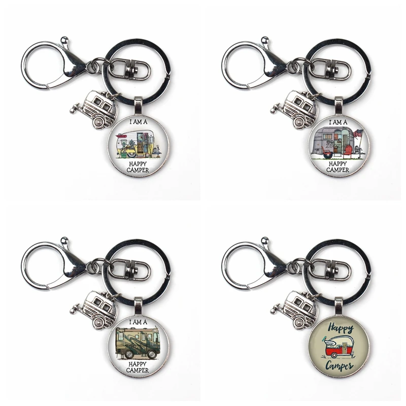 

Happy Camper Cute Travel Car Lobster buckle Keychain Glass Men's Cabochon Jewelry Glamping Goddess Traveler Gift Pendant I Camp