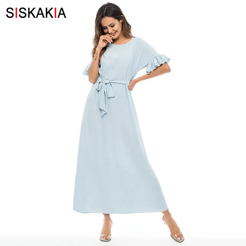Женское офисное платье Siskakia длинное однотонное с оборками и коротким рукавом