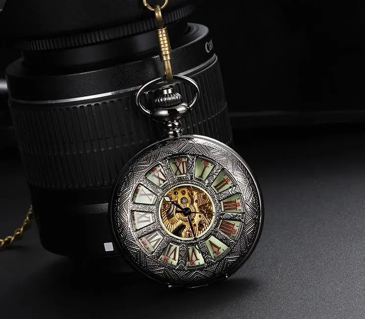 

Vintage black pocket watch Roman numerals Fully automatic mechanical luminous Fashion man pocket watches