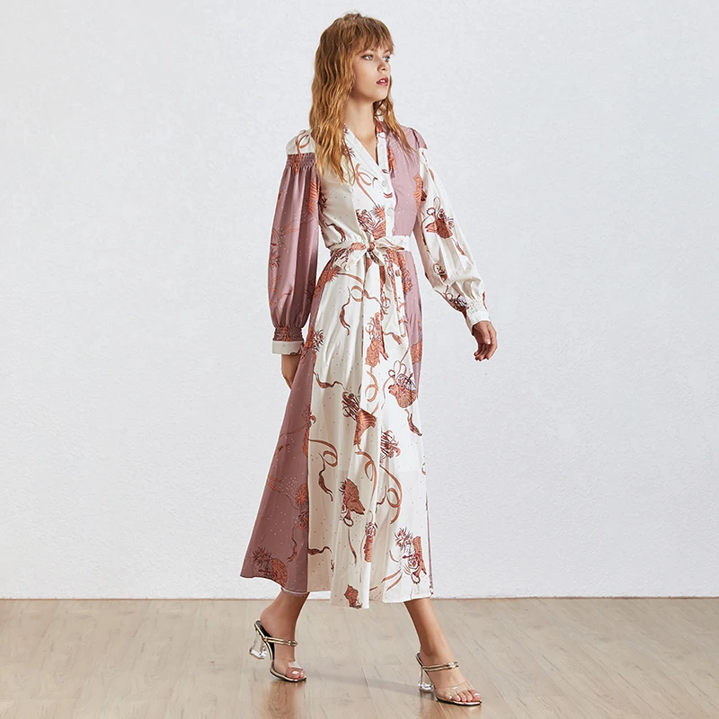 TWOTWINSTYLE Summer Print Dress Female V Neck Lantern Sleeve Bandage Bow Asymmetrical Dresses Women Fashion New Bohemian Style | Женская