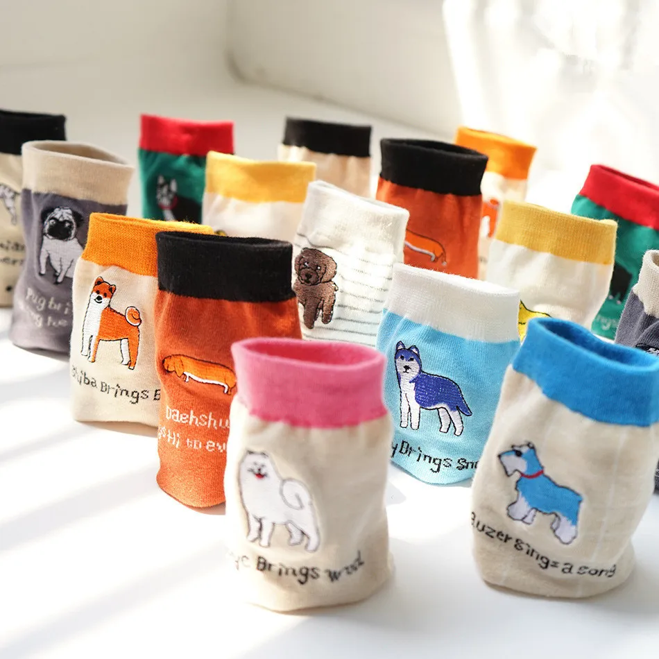 Женские носки мужские 15 и Харадзюку с вышивкой животных собак дамские хлопковые
