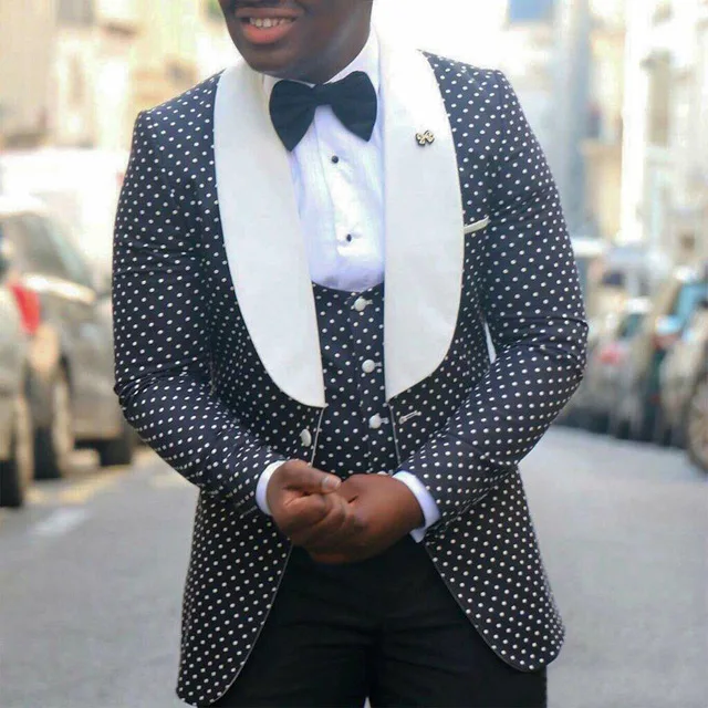 

High Quality One Button Black Polka Dot Groom Tuxedos Shawl Lapel Groomsmen Mens Wedding Prom Suits (Jacket+Pants+Vest+Tie)NO:81
