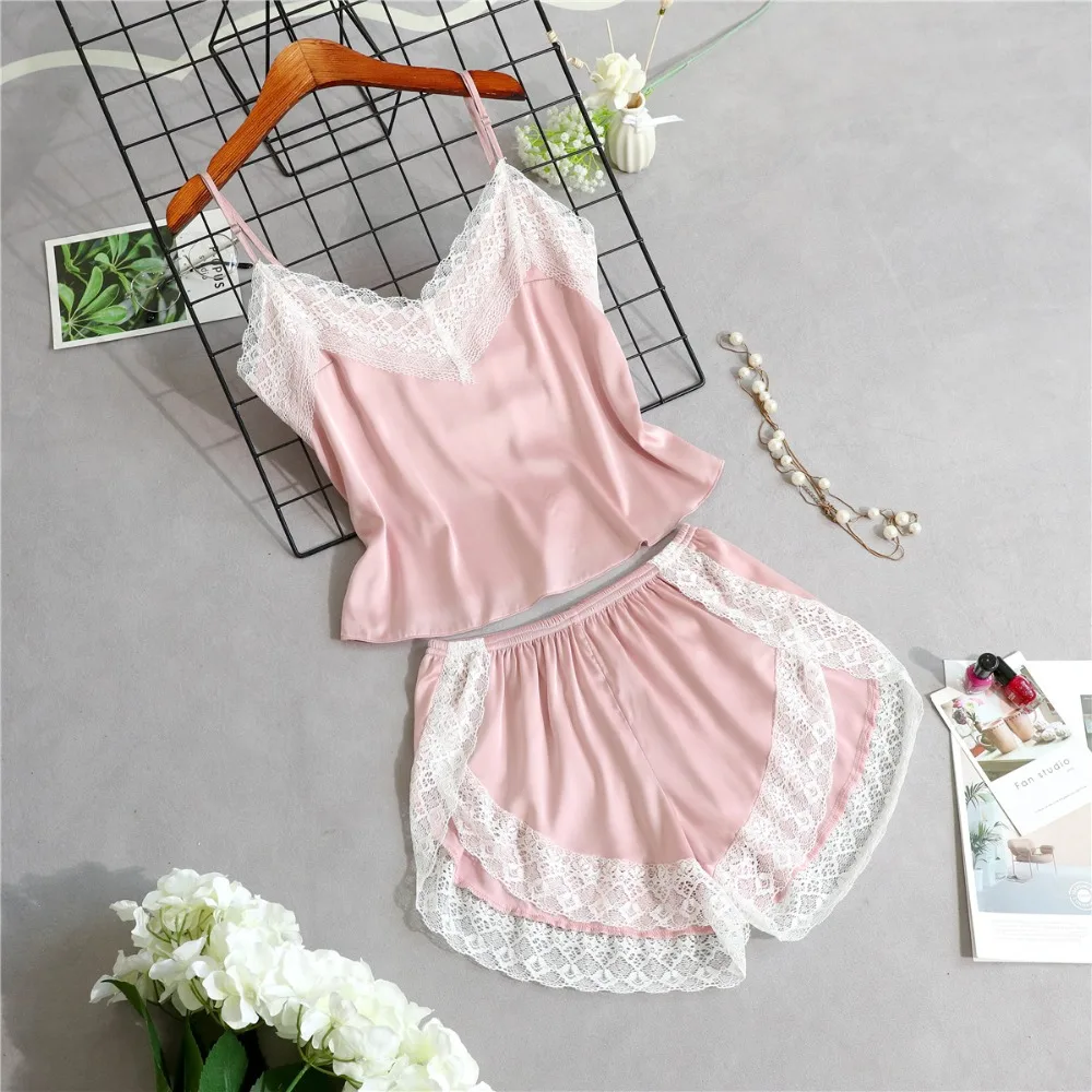 Daeyard Шелковая пижама для женщин с шортами сексуальное женское белье с кружевной отделкой комплект из 2 предметов летняя атласная пижама набор ночная рубашка