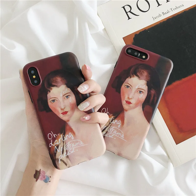 Wine Red Retro Oil painting Girl Phone case For iphone X Soft silicone cover 6S 7 8 Puls Back Funny Letter | Мобильные телефоны и