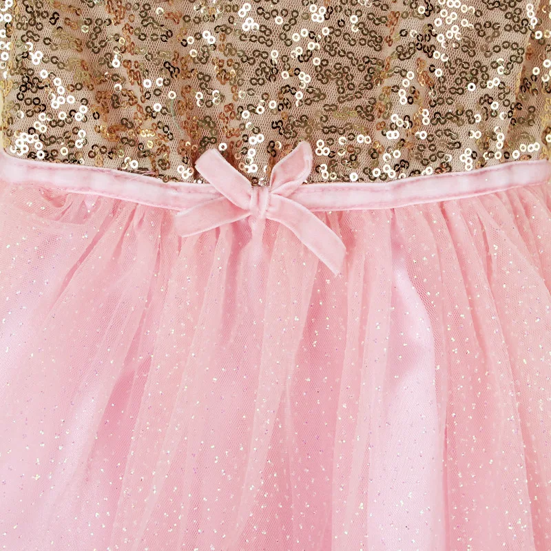 Cute Retail Baby Summer Dress Little Girl Gold Sequin Top with Pink Glitter Tulle Stitching Tutu Kids Party Princess | Детская одежда и