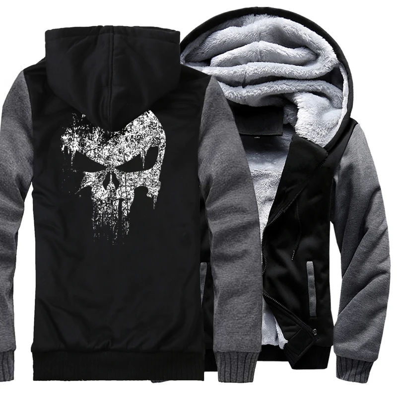 gray black Мужская спортивная одежда Харадзюку С Капюшоном зимняя флисовая Высококачественная плотная толстовка с капюшоном для мужчин Толстовка с принтом Каратель Череп Панк - Цвет: gray black