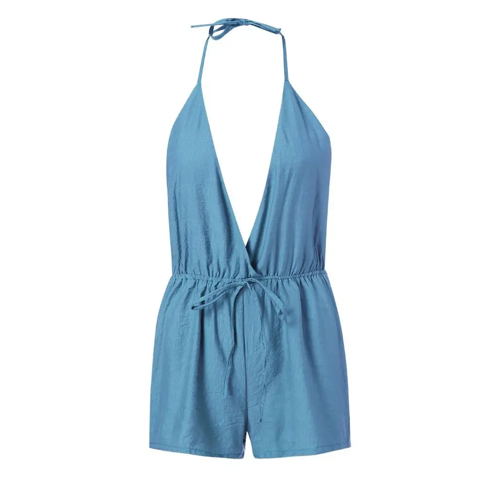 Женский комбинезон с бантом однотонный цветной без рукавов глубоким V-образным
