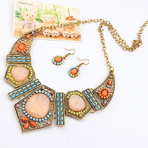 Женские Boho Красочные полые массивные цепи колье ожерелье, серьги на крючках набор Горячий