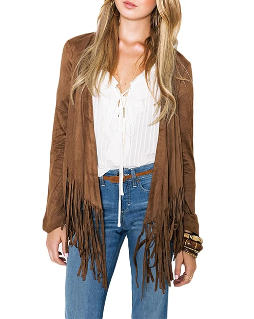 Everkaki Boho замшевое пальто с кисточками из искусственного меха, Женский богемный Кардиган с длинным рукавом, куртка, пальто, верхняя одежда для женщин, Осень-зима