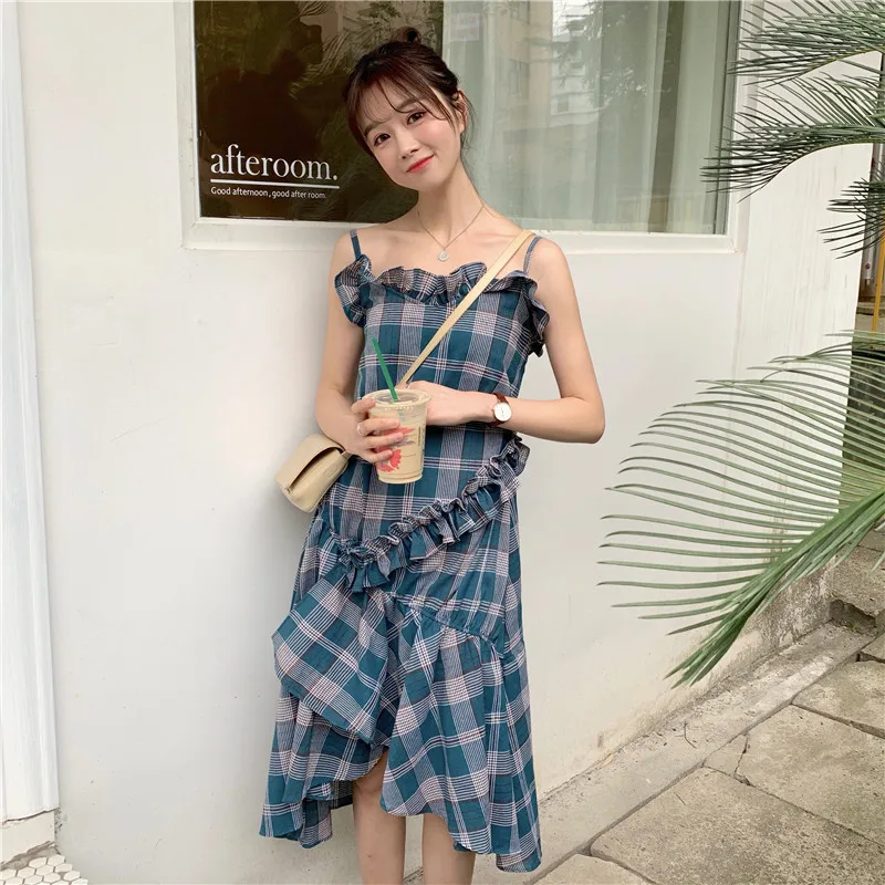 

Summer Japanese Dress Irregular Ruffles Plaid Chic Girls Dress Asymmetrical Spaghetti Strap Off Shoulder Woman Sleeveless Dress