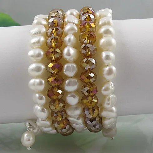 

Unique Pearls jewellery Store 5rows Gold Crystal Beads White Freshwater Pearl Bracelet Perfect Wedding Birthday Women Gift