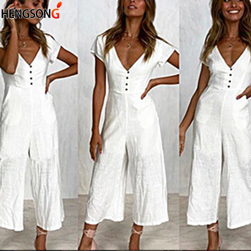 2018 Летний комбинезон с коротким рукавом сексуальный женский v образным вырезом и