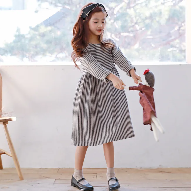 Vintage Girls Dress 2018 New Children's Striped Long-sleeved Cotton Loose The 4-15year Big Girl's Parent-child | Детская одежда