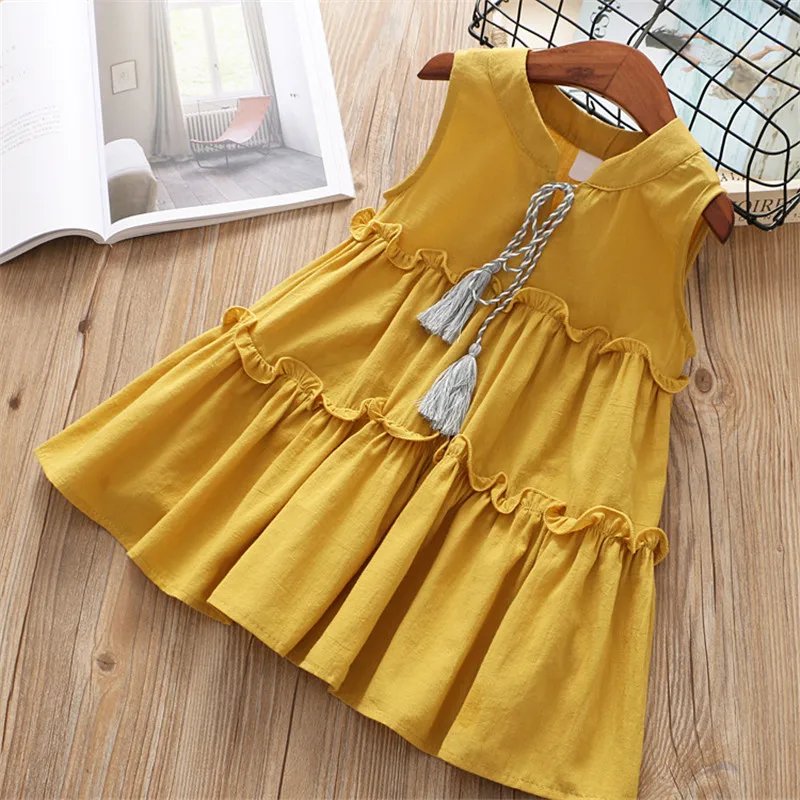 2019 high quality new casual active sleeveless Solid bow kid children girls dress baby girl clothes white yellow clothing | Детская