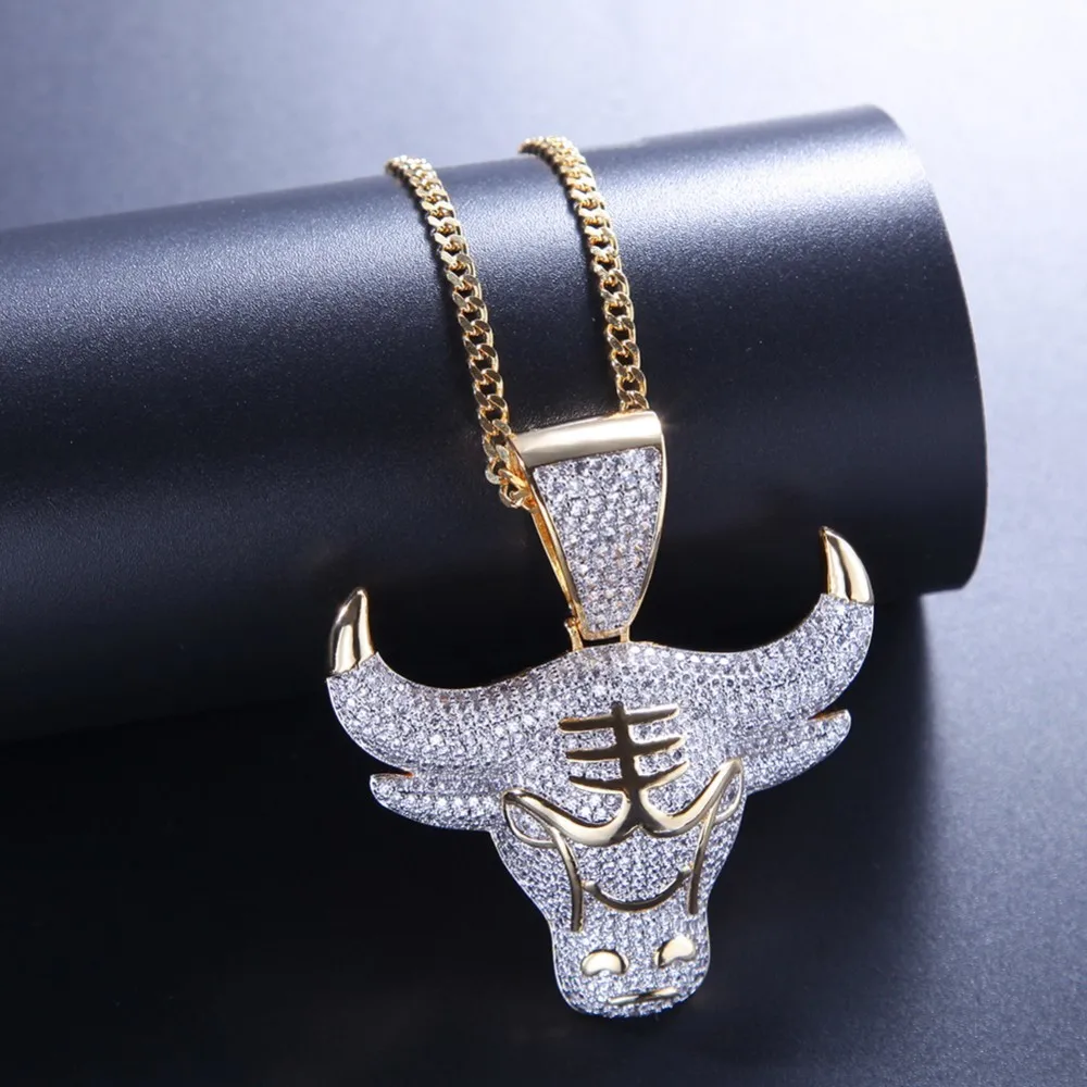 UWIN Прямая Шарм King Bull Iced Out кулон с круглым вырезом 4 мм теннис цепи цепочки и ожерелья хип хоп кубический цирконий ювелирные изделия - Окраска металла: with gold chain