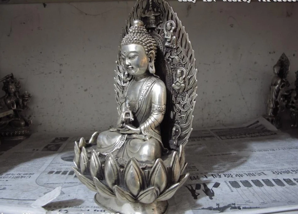 9 Тибетский белый Медный Серебряный сидя на лотосе долговечность|Статуи и