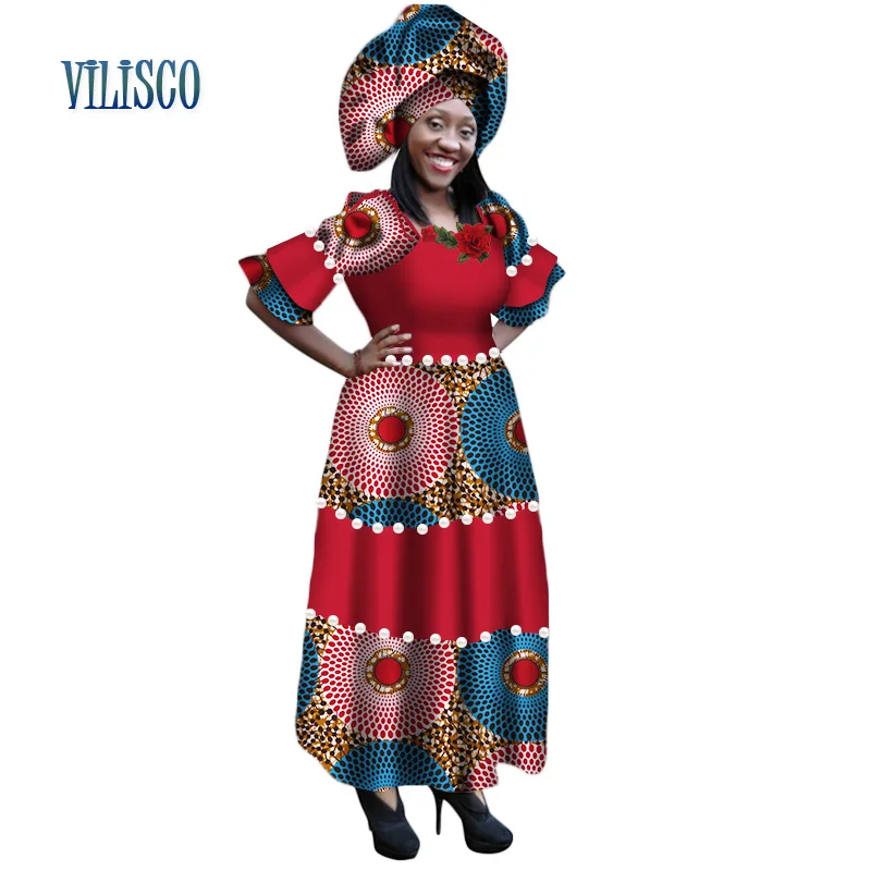 Африканский Базен Riche платья для женщин бисер имитация жемчуга вышивка длинное платье большого размера в африканском стиле женская одежда WY224