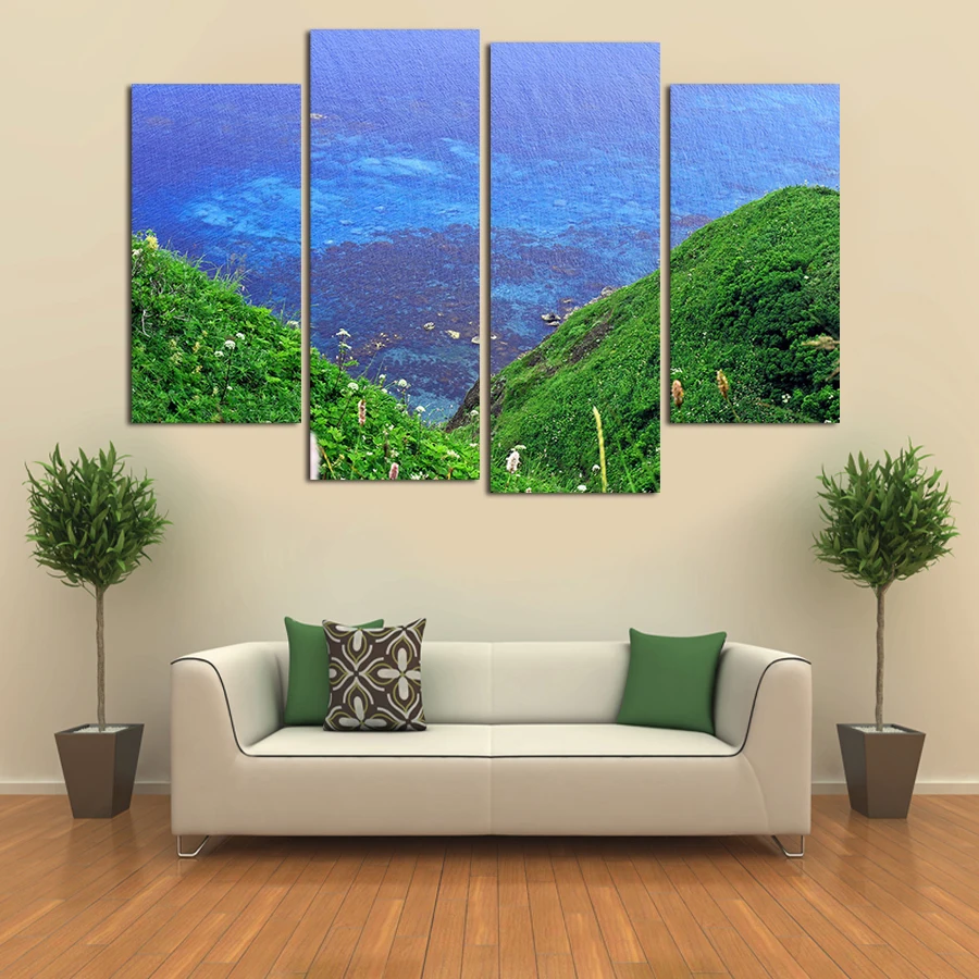 4 шт. Современная синяя морская вода Холст Картина HD вид на море и горы живопись