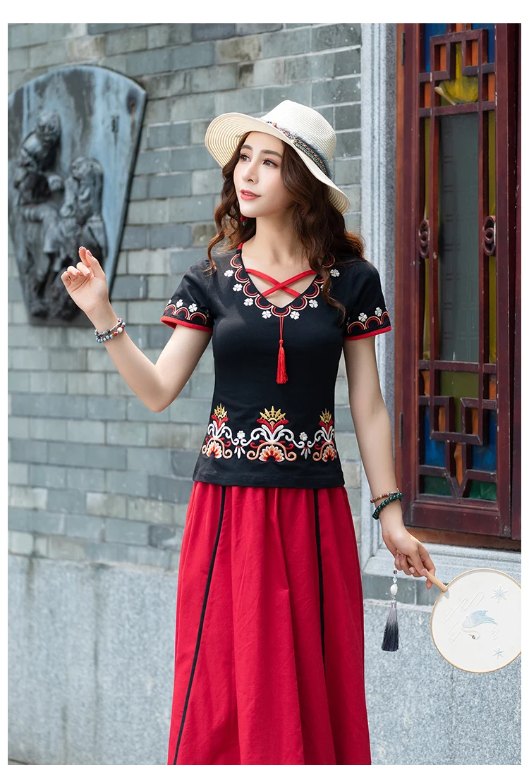 KYQIAO camiseta mujer футболка в этническом стиле женская летняя Мехико стиль Этническая винтажная черная белая зеленая Красная футболка с вышивкой