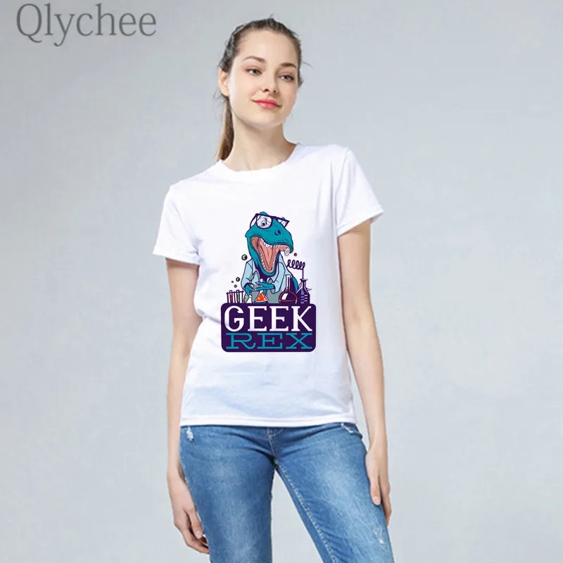 Qlychee Harajuku Geek T Rex Print Female Shirts Top Tees Crew Neck Short Sleeve Loose Summer Women T-shirts | Женская одежда