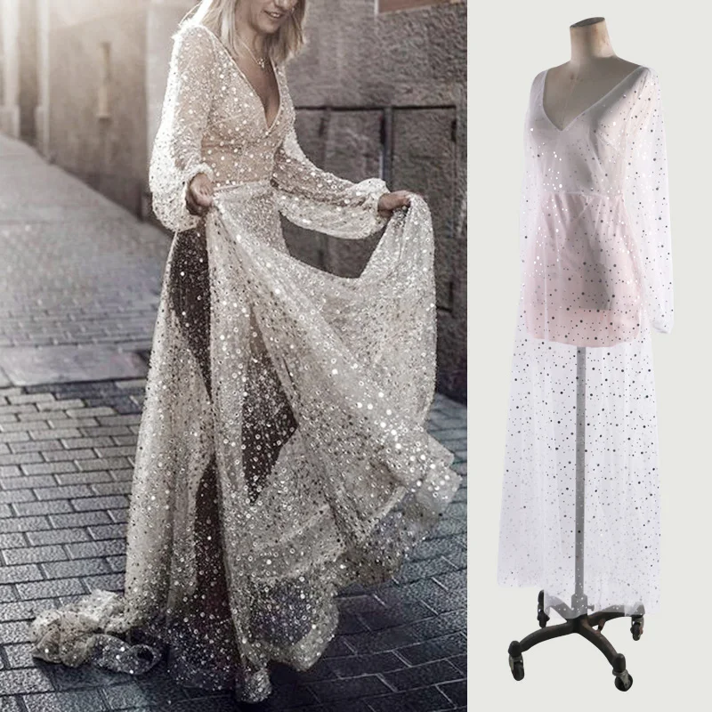 Женское сексуальное платье блестящее с длинным рукавом кружевное прозрачное