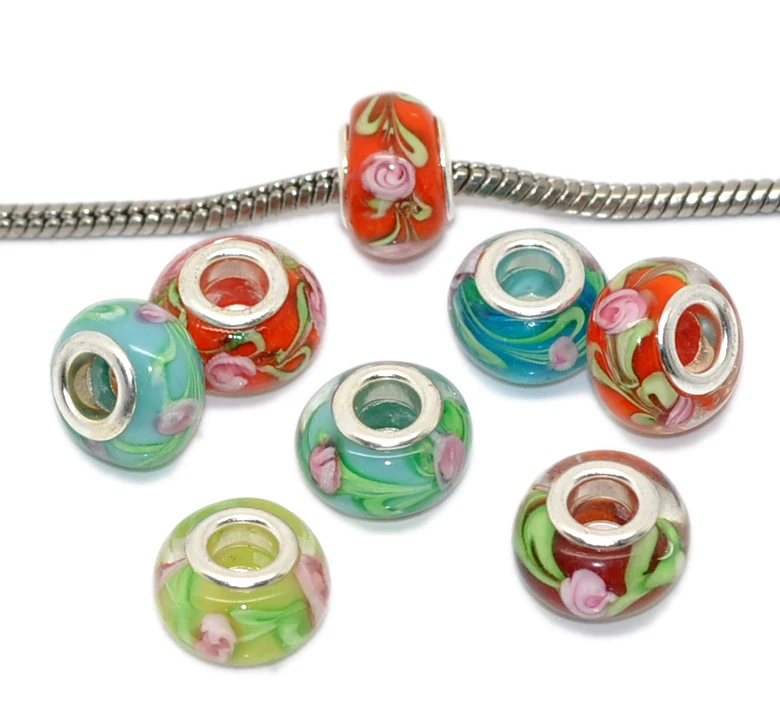 Круглые стеклянные шарики DoreenBeads в европейском стиле разноцветные с серебристым