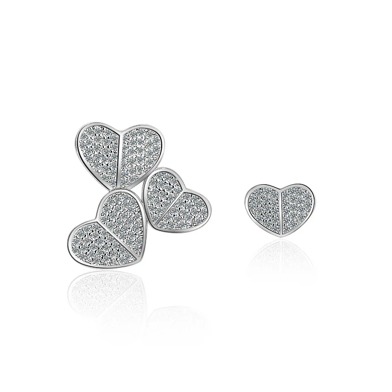 

100% 925 Sterling Silver Romantic Love Heart Asymmetric CZ Zircon Female Stud Earrings Jewelry Women Gift Drop Shipping No Fade