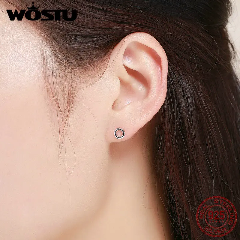 WOSTU,, настоящее 925 пробы, серебряные, круглые, простые, маленькие серьги-гвоздики для женщин, S925 серебряные ювелирные изделия, подарок FIE349