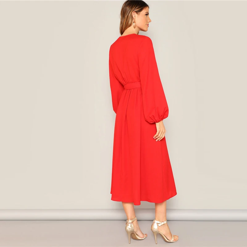 SHEIN Платье На Запах С Поясом, Оригинальным Рукавом И Глубоким V-образным Вырезом Одноцветное Платье Свободного Кроя