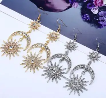 Big Luxury Sun Moon Stars Drop Earrings Rhinestone Punk for Women Jewelry Golden Boho Vintage Statement | Украшения и аксессуары