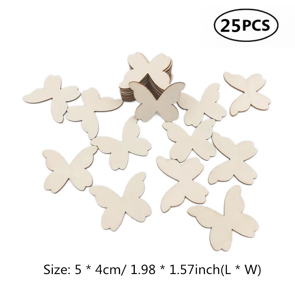 25pcs 50mm 10-80 мм Лазерная резка древесины бабочка украшения деревянные фигуры для творчества Свадебный декор деревянные украшения - Цвет: 25pcs 50mm