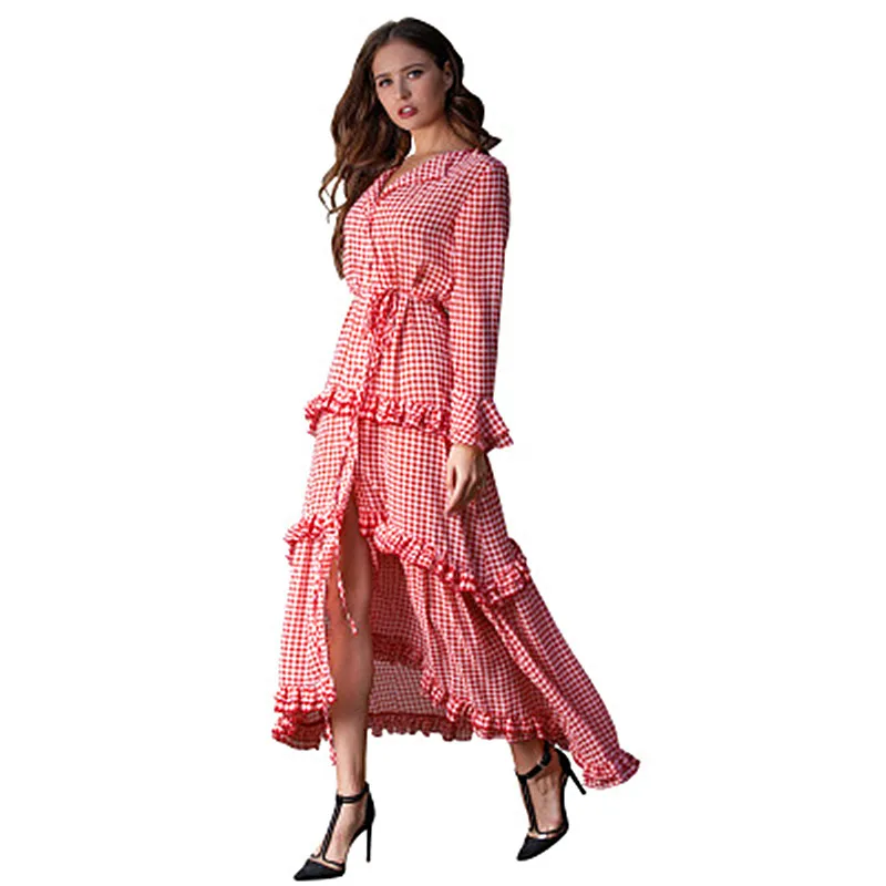 

2019 New Bohemian Long Lapel Dress Women's Fashion Chic Red Long Sleeve High Waist Lace Women's Layer Cake Dress Clothing