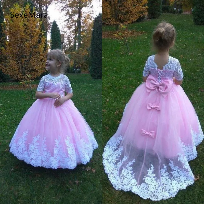 

Flower Girl Dresses White Lace Appliques Pink Tulle with Bow Child Pageant Gowns Birthday Party Dress 1-14Y