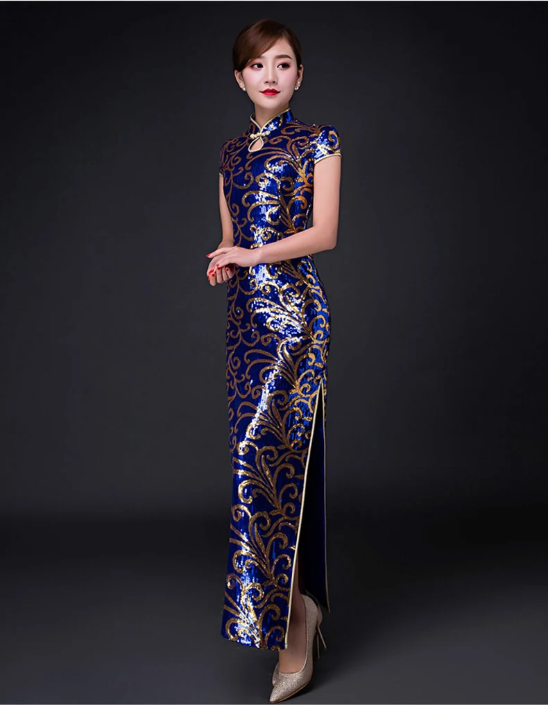 

China style High-grade lace sequin female long Cheongsam dress singer host show formal prom party traditional costume full dress