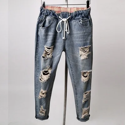 Джинсы бойфренда с дырками большие размеры женские джинсы 2017 рваные брюки